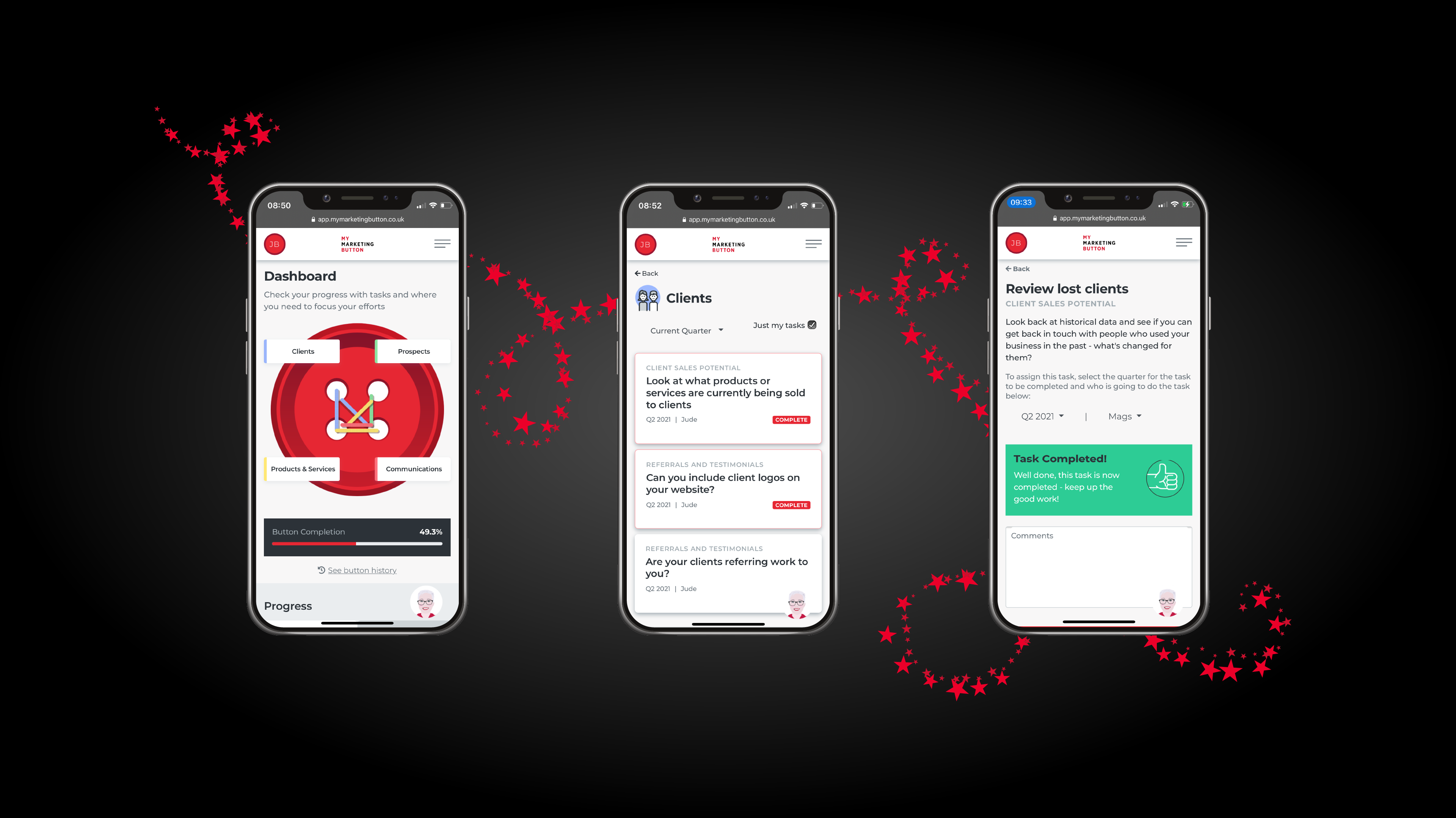 Three phones showing the tech in them
