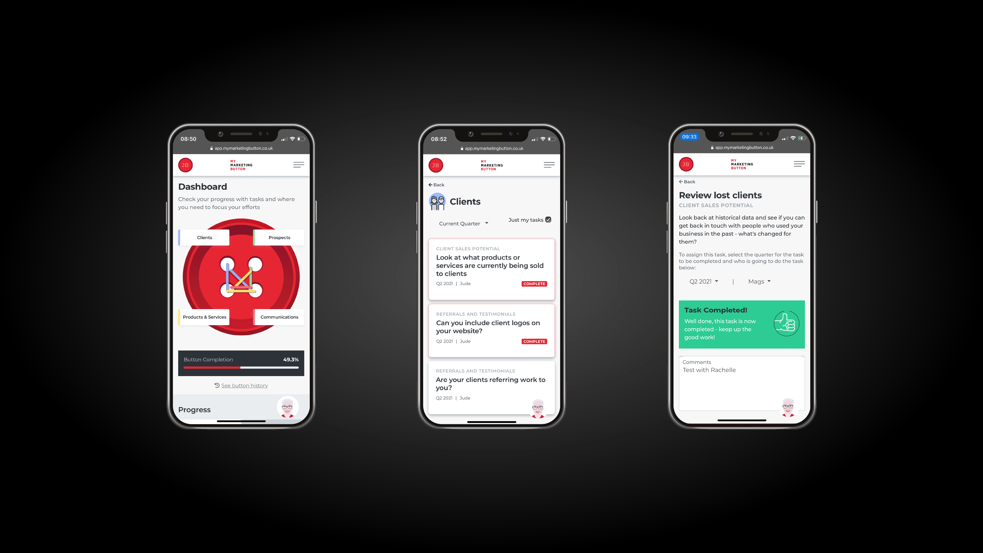 Screenshots showing your Dashboard, Client task ideas and how to complete a task